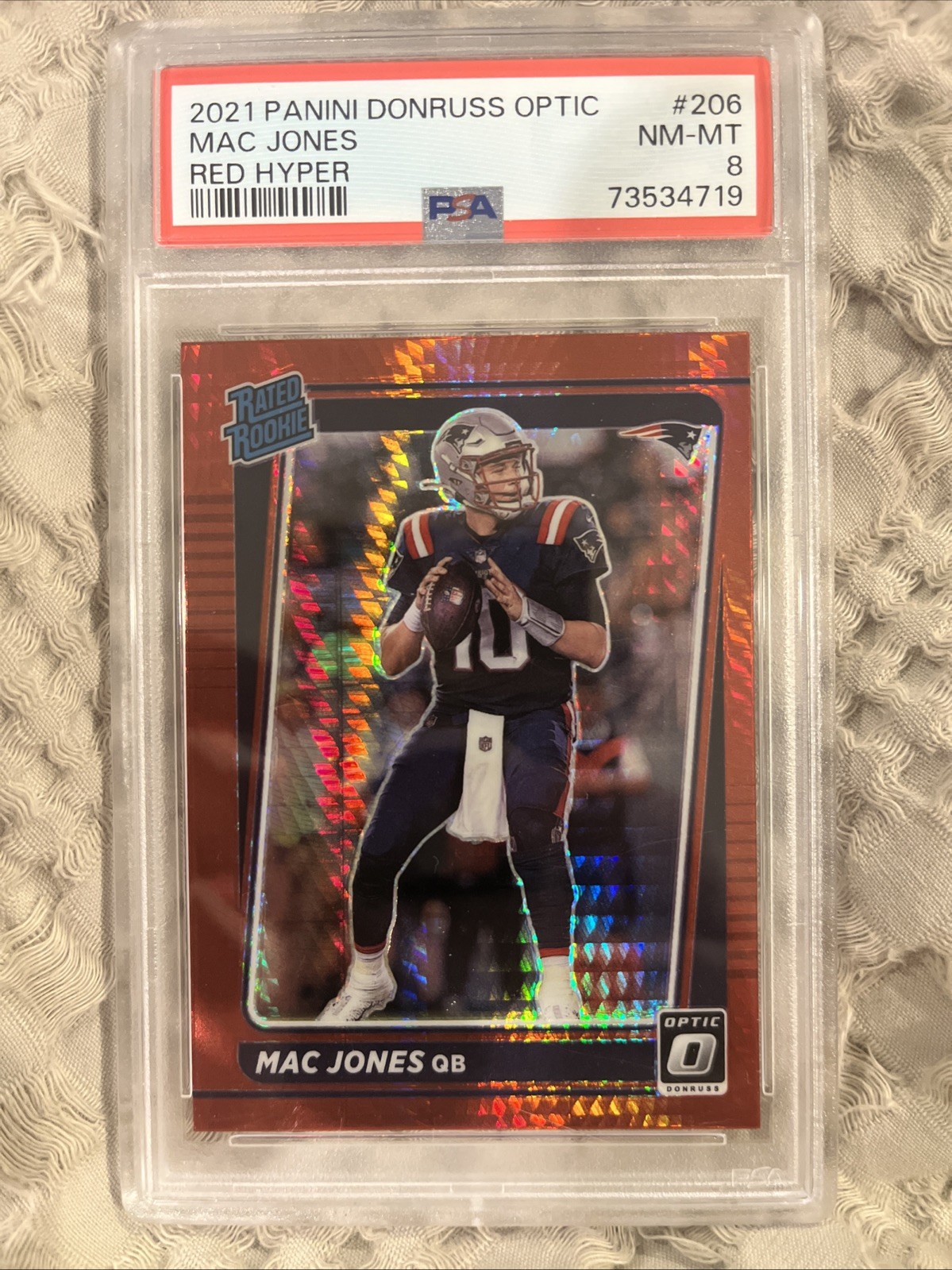 2021 Optic Mac Jones Red Hyper Prizm Rookie #206 PSA 8