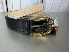 Vintage Liz Claiborne Black Leather Belt Oval Gold Buckle 90s Classic Size Large