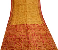 Sushila Vintage Mustard Saree 100 Pure Silk Printed Soft Craft 5 Yard Fabric