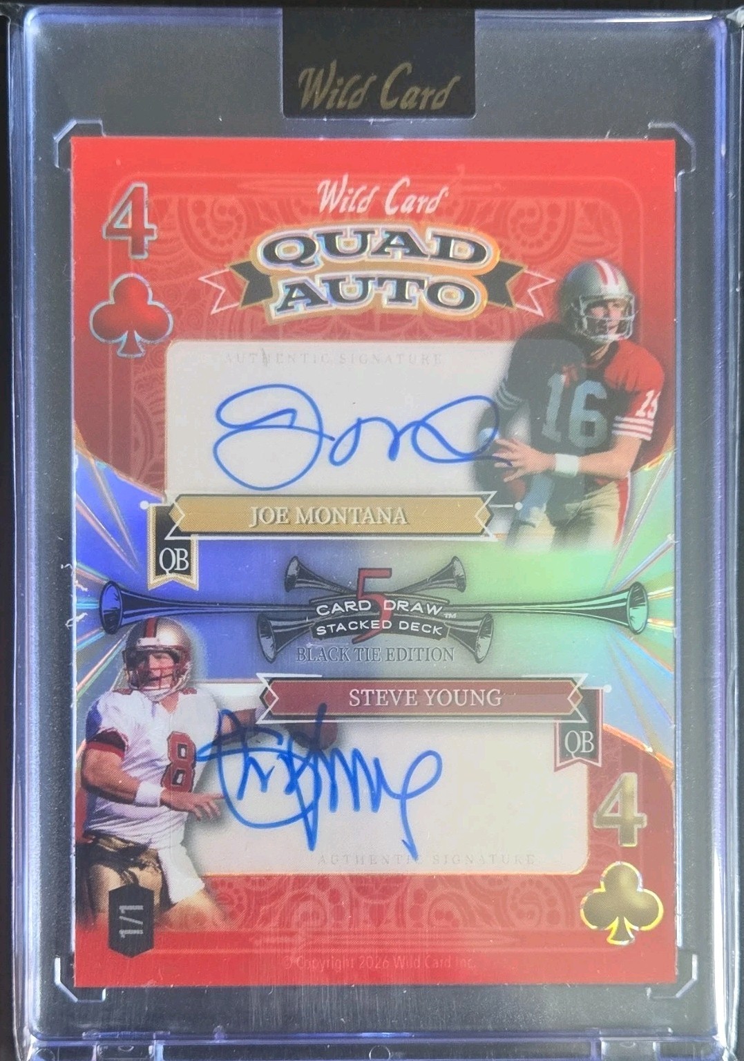 TRUE 1/1 QUAD AUTO PURDY, Montana, Young, McCaffrey Black tie wildcard. view 2