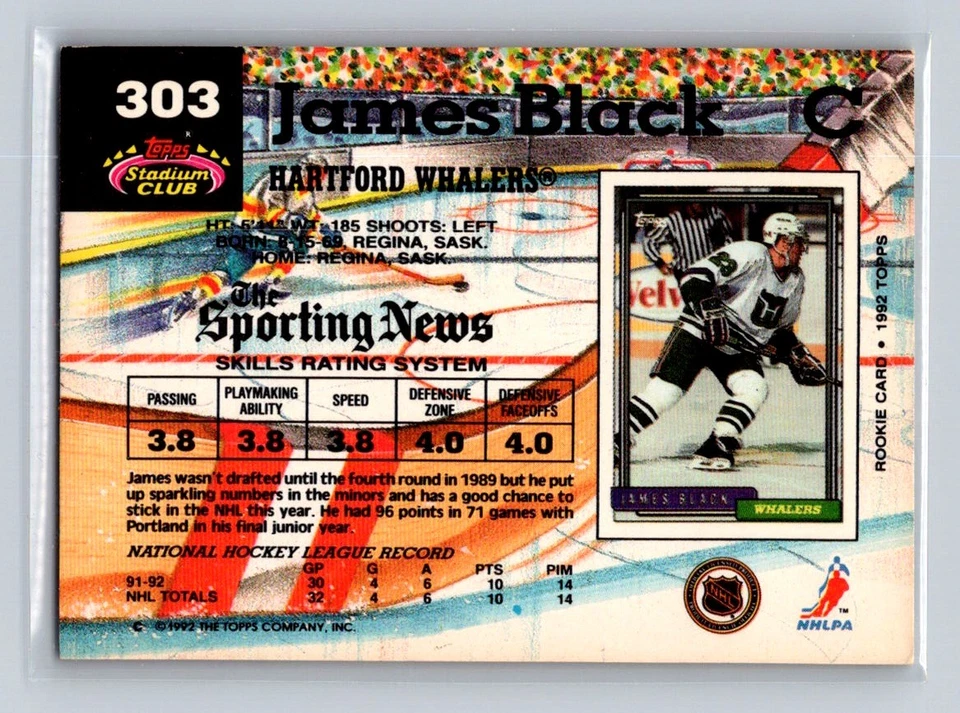 1992-93 Stadium Club #303 James Black Hartford Whalers - Image 2 of 2