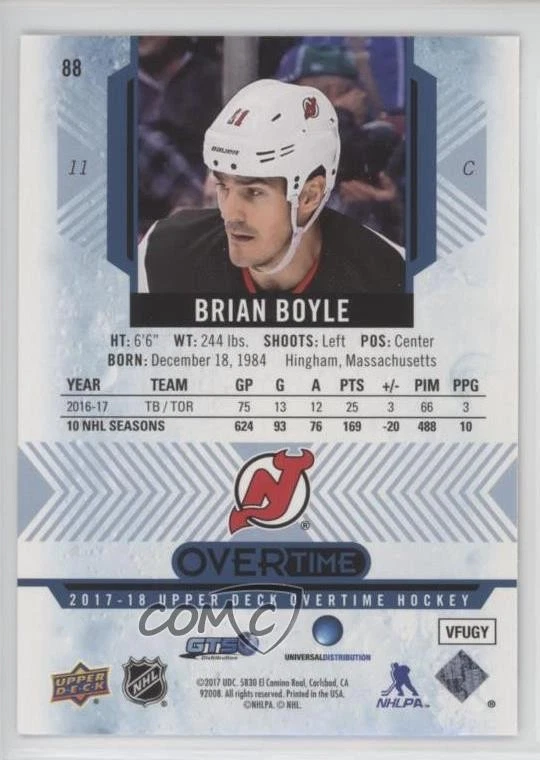 2017-18 Upper Deck Overtime Blue Foil Brian Boyle #88 - Image 2 of 2