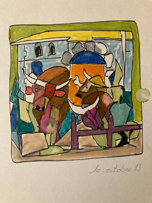 Schöne Zeichnung Arthur Pol Filz Art Auf Papier Kuh Stier Corrida 1980 Tiere