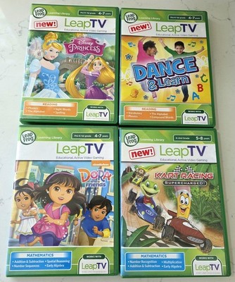 Leap Frog Leap TV 4 Lot Games Disney Princess~Dora~Dance~Kart Racing~Math~Read