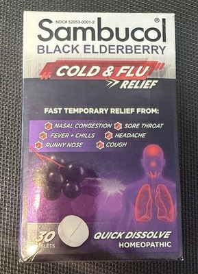 Sambucol Black Elderberry Cold and Flu Relief Tablets - 30 Count FREE FAST SHIP