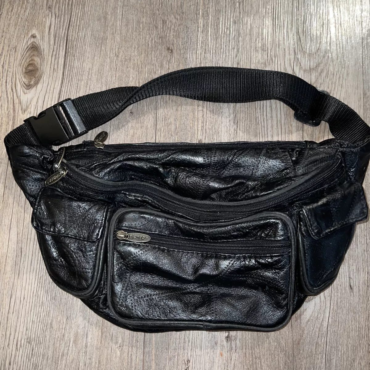 Vintage Tinder Leather Patchwork Black large bum bag Hip Fanny Pack 80s  travel