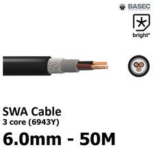 50M  6 mm²  6943X 3 core SWA Steel Wire Armoured Cable BASEC Outdoor Exterior 