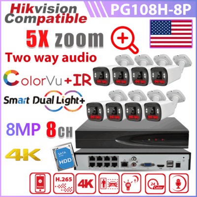 Hikvision Compatible 8CH NVR 4K Dual Light 5X Zoom Camera System 2-Way Audio Lot