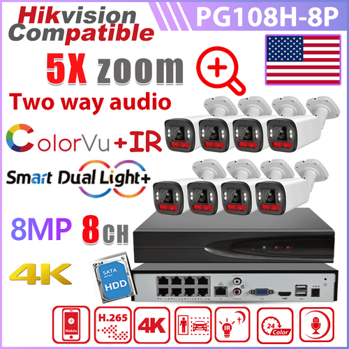 HiK-Compatible 8CH NVR 4K Dual Light 5X Zoom Camera System 2-Way Audio Lot