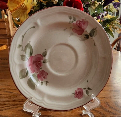 Roseland Saucers (pair) 6 1/2 Rose Gibson Genuine Stoneware White Pink Green !
