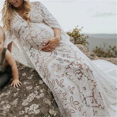 Hot Boho Maternity Dress For Photo Shoot Outfit Pregnant Women's Fluffy Lace - Picture 2 of 7