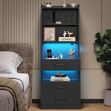Tall Nightstand,Large Black Night Stand with Bookshelf & 3 Drawers,Bedside Table