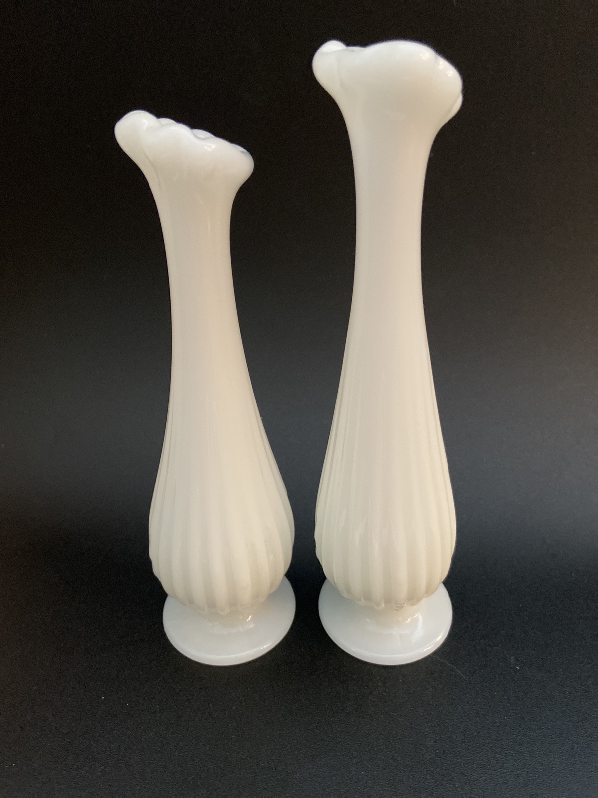 (2) Fenton Footed Ribbed Bud Vase Clambroth White Milk glass. 7.5", 6.