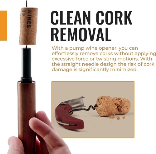 Cork Genius Pluma de Vino Mini, Bomba de Aire Abridor de Botellas de Vino Manual Compacto Pro Nogal - Imagen 5 de 7