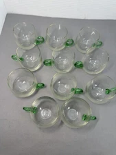 Green Handled Crystal Punch Cups Hand Blown Set of 3 St Patricks Day 3" H