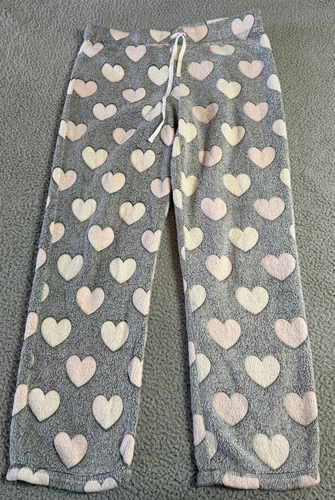 Secret Treasures Gray Pink White Hearts Drawstring Soft Warm Lounge Pants Size L