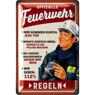 LANOLU Blechschild Feuerwehr Regeln Rot Einsatz Retro Deko - 20x30cm
