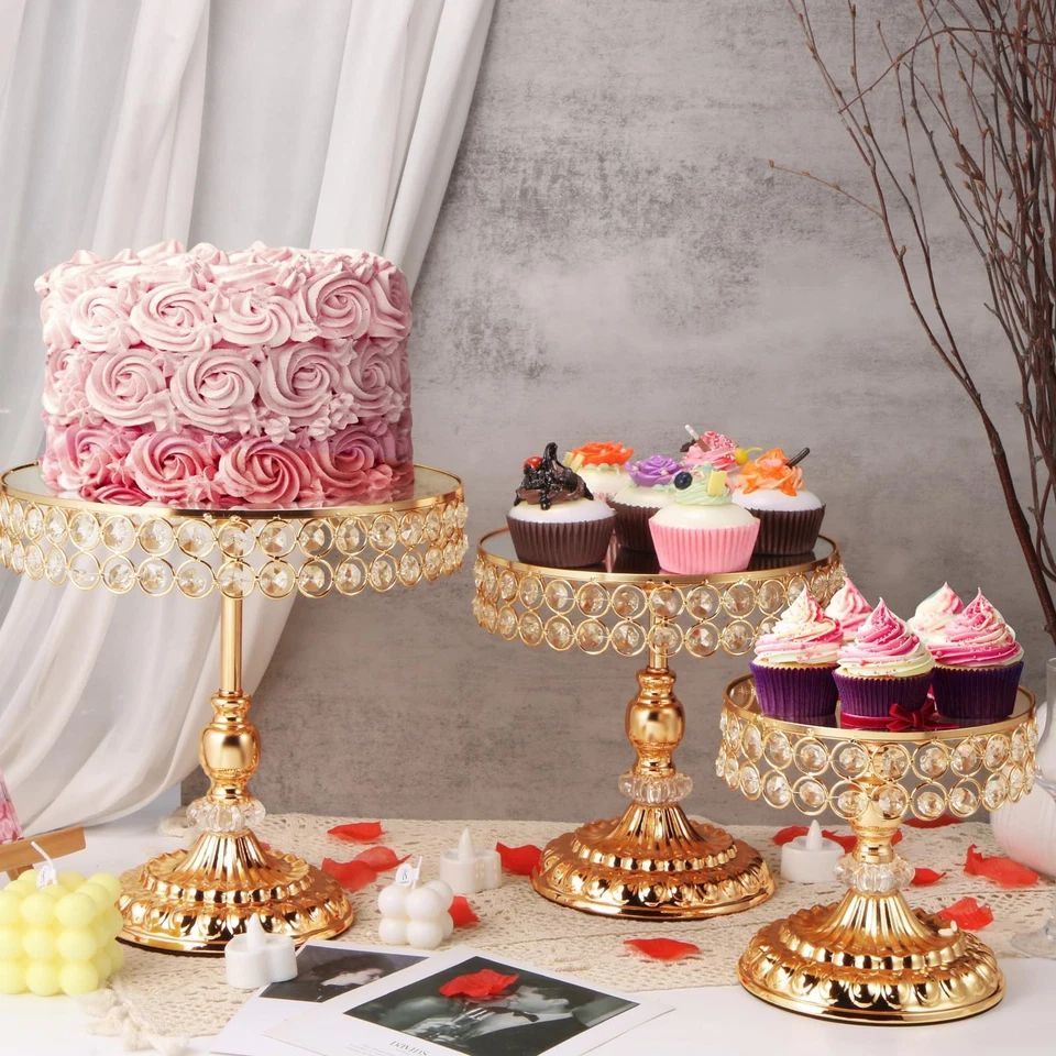 Juego de 12 piezas de soporte para pasteles de oro, soporte de exhibición de pasteles vintage con borde de cristal a... Foto 3 de 4