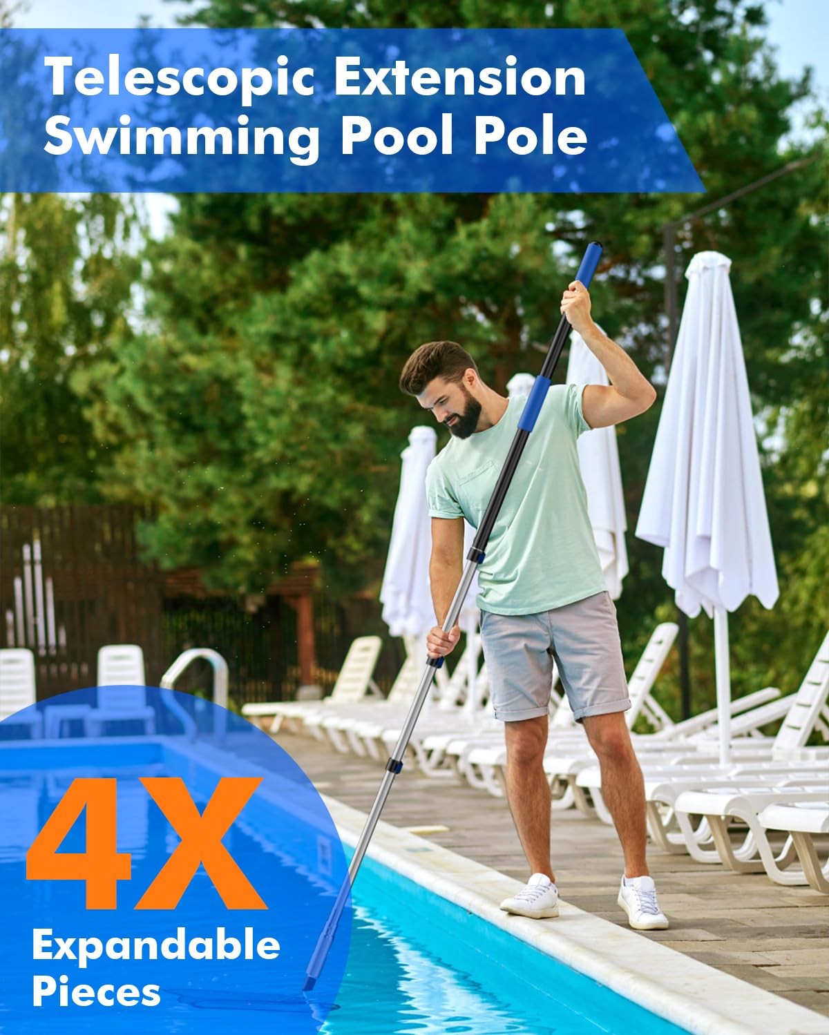 Pool Pole Telescopic 16FT Heavy Duty Upgraded Aluminum, 16 Ft Extension/Exten...