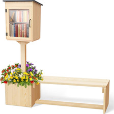Little Library Box Outdoor with Bench Set, Durable Weatherproof Solid Wood Excha