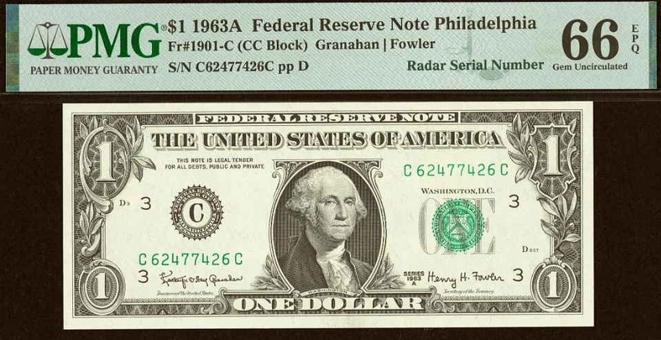 9 Matching Radar Serial Numbers - 1963A, 1999, 1988A $1 FRN PMG 67EPQ 62477426 - Image 2 of 4
