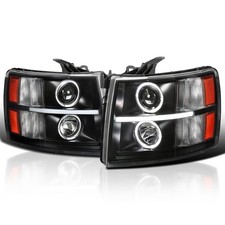 Black LED Dual Halo Projector Headlights for 2007-2013 Chevy Silverado 1500 Pair