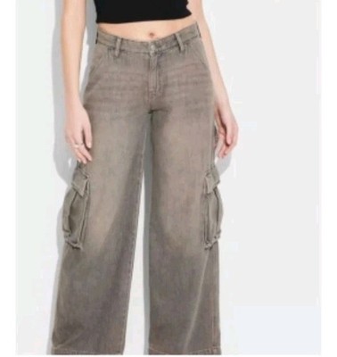 Wild Fable Women's Mid-Rise Wide Leg Cargo Pants -Gray  Wash Size 12