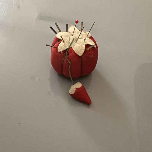 Vintage Tomato Pin Cushion With Pins And Sewing Machine Needles