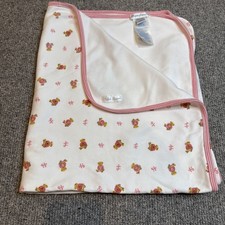 RALPH LAUREN Receiving Blanket White w/ Pink Trim Teddy Bears Girls EXCELLENT