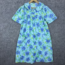 Vintage Womens House Dress Blue Green Floral Pearl Snap Grandma Chic Nightgown