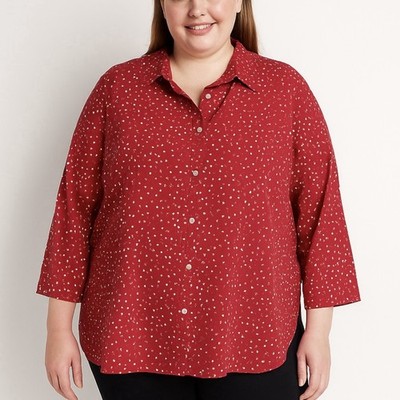 Catherines Red White Dots Long Sleeve Button Front Cotton Shirt 4X
