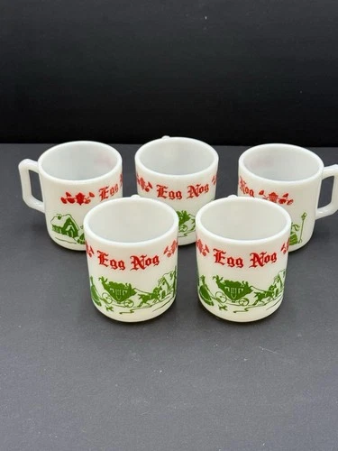 5 VTG Hazel Atlas Tom & Jerry Milk Glass Holiday Punch Cups Eggnog Mugs EUC