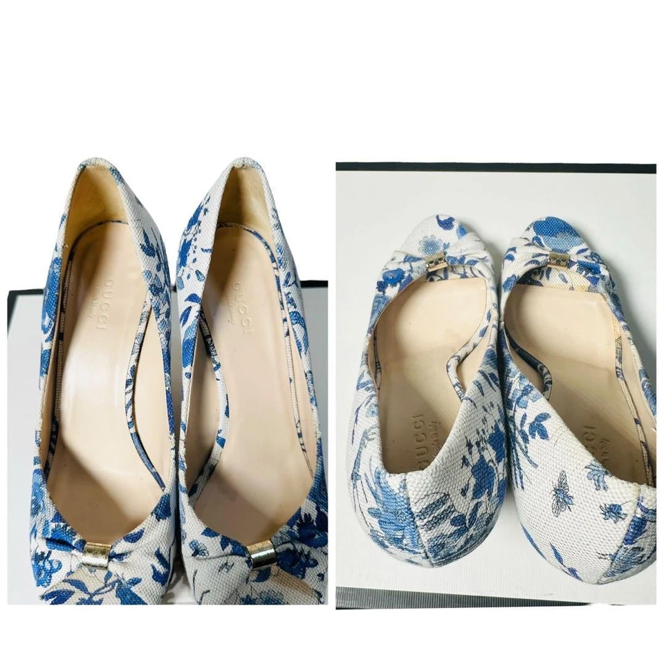 Sandalias cuña corcho estampado floral diseño raro, GUCCI, zapatos de salón, azul y blanco- Foto 4 de 4