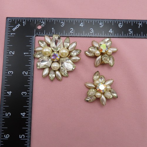 Judy Lee Rhinestone Brooch Earrings Vintage Pin Pearl Set AB Clear Crystal 969c - Picture 9 of 9