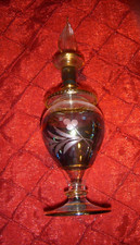 Vintage Delicate Egyptian Glass Perfume Bottle Blue Gold Hand Painted 6 1/2 Inch