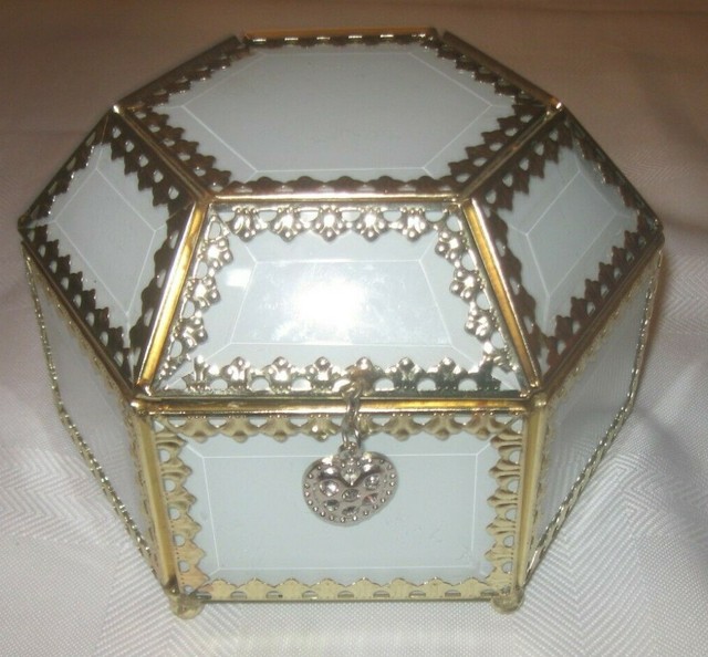 Nicole Miller Glass Trinket Jewelry Storage Box Hexagon Gold White New