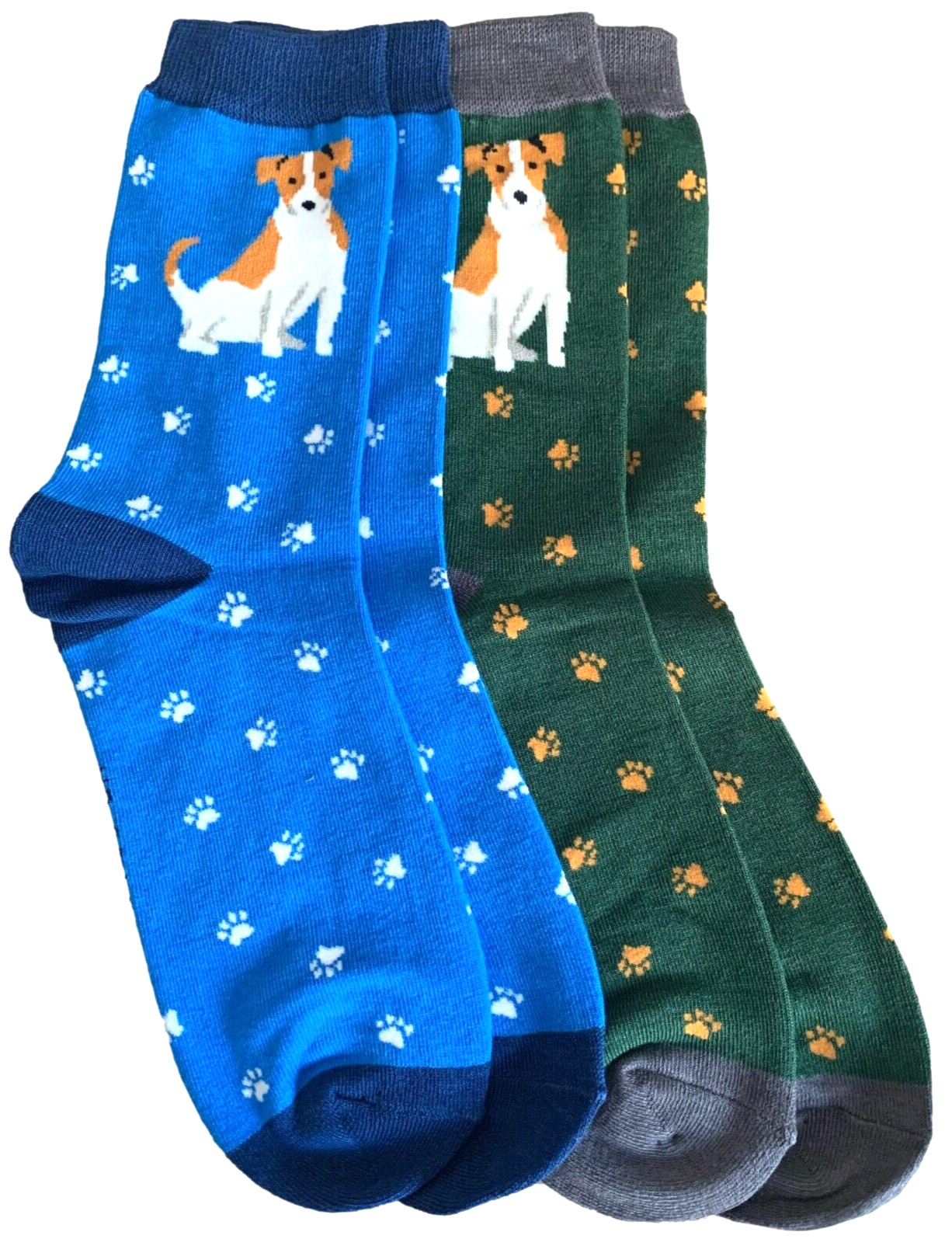 Mens Socks Jack Russell Dogs 2 Pair Pack Dog Paws Pattern Paw Print Blue Green