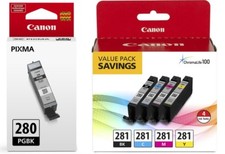 Genuine Canon CLI-281 4-Color Ink Tank Value Pack Canon PGI-280 Black Ink Tank