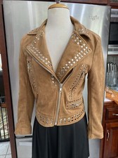 Vici Camel Brown Silver-stud Faux Suede Moto Jacket Sz Small