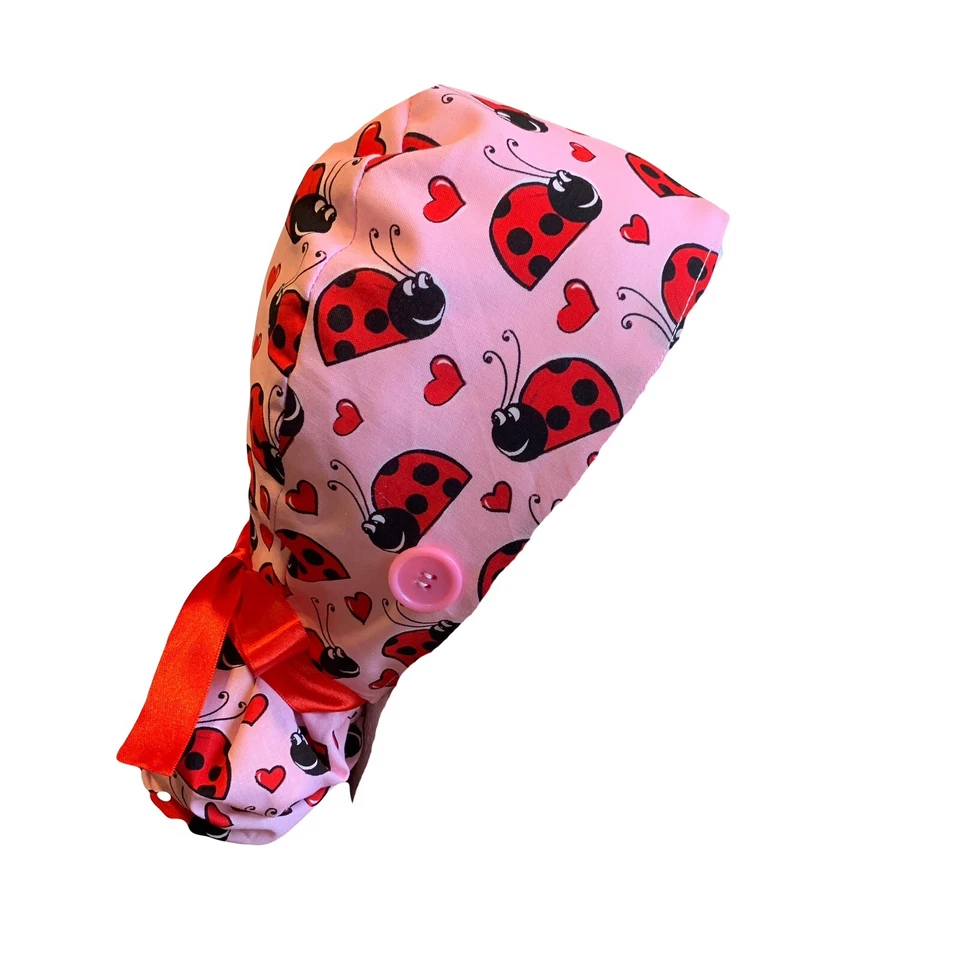 Ladybug SATIN LINED Scrub Cap Ponytail Hat Long Hair Protection - Image 2 of 4