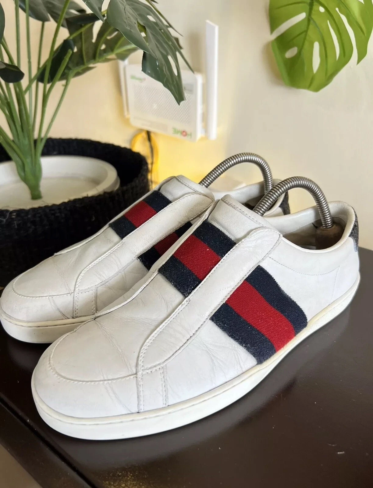 Gucci Blanc 322749 Homme Cuir Slip on avec Web Baskets US 7,5
