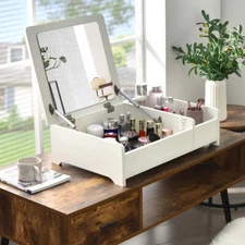 NNECW Countertop Vanity Dresser with Flip-Top Mirror and Multifunctional Storage