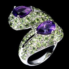 925 Sterling Silver Ring Pear Amethyst 8x6mm Peridot Gemstone Jewelry Sz 8