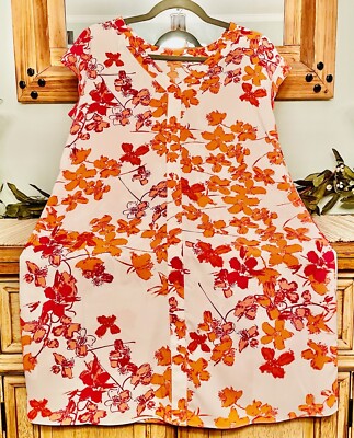 White Spring Summer Floral Shift Dress Pink Orange Flowers