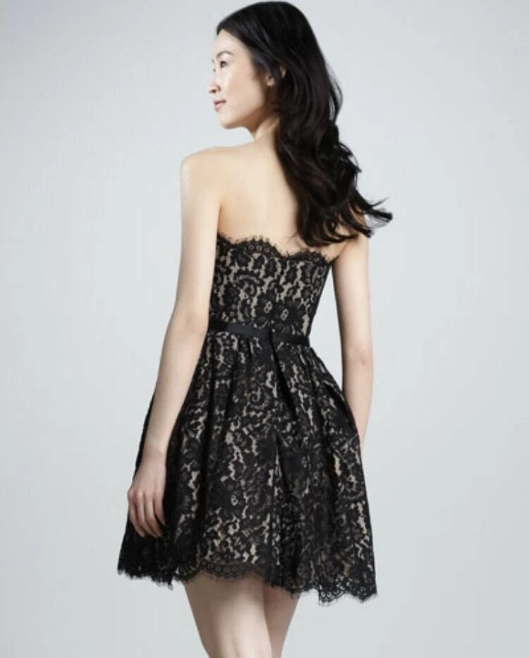 Vestido Robert Rodriguez Neiman Marcus Talla 2 Negro Encaje Sin Tirantes Cóctel Fiesta BR Foto 3 de 4
