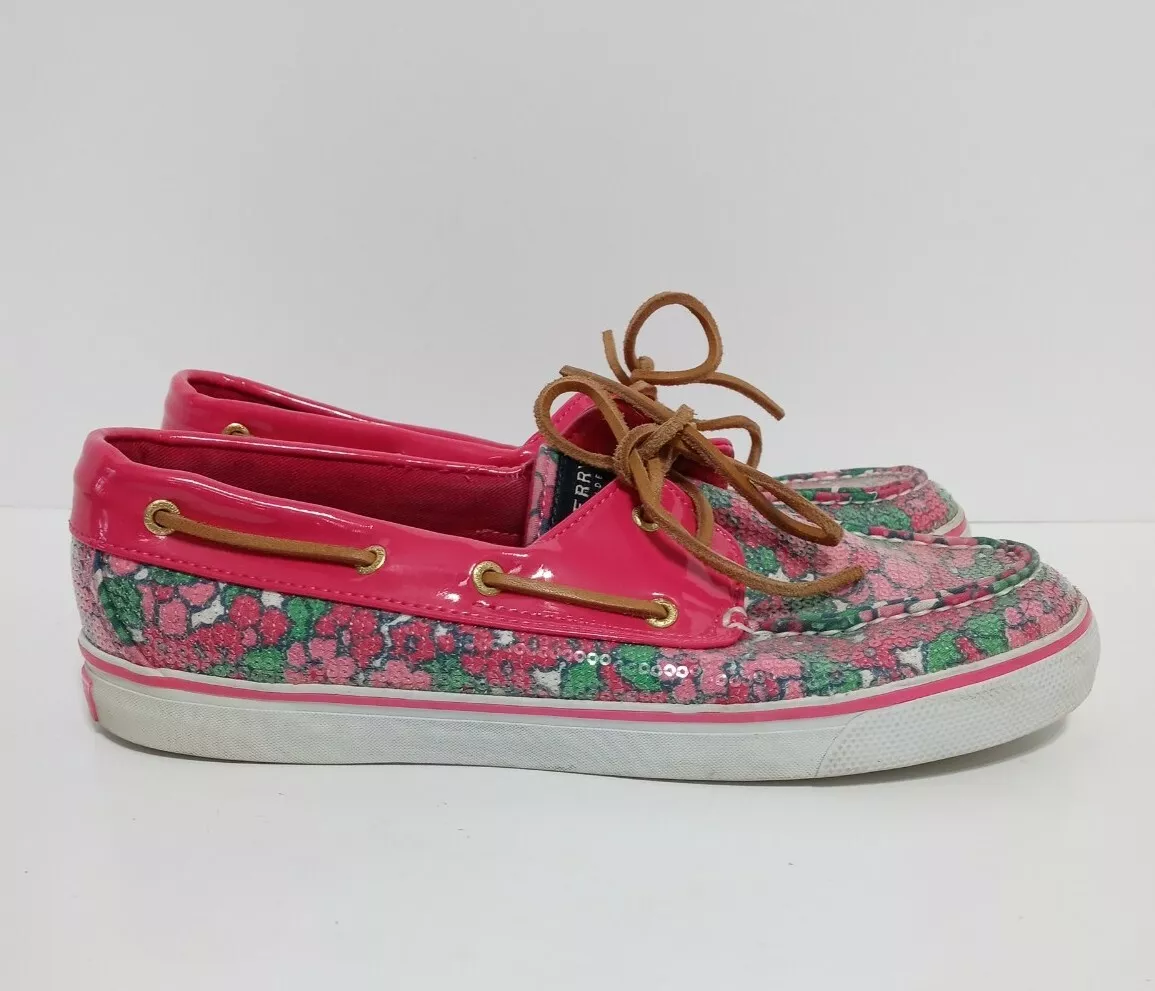 Sperry Topsider Boat Shoes Pink Floral Sequins Canvas Loafers Women s Size 9.5M