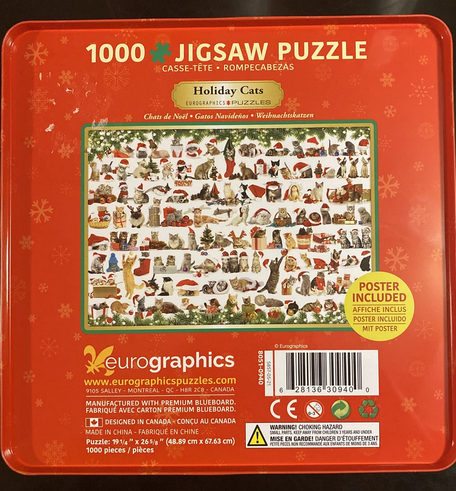 New HOLIDAY CATS Christmas Jigsaw Puzzle Textured Tin Can w/ Poster 1000pc - Image 2 of 2
