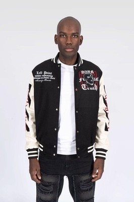 Left Point Varsity Jacket Black White Embroidered Graphic Lined Snap Men's