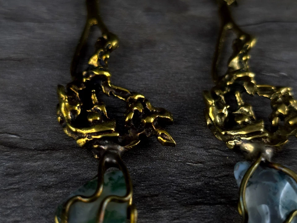 Ohrringe Messing Moosachat Modernist Brutalist Designer - umwerfend & auffällig - Bild 3 von 4