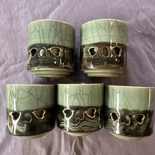 Vtg Somayaki Japanese Tea Cups (Set 5) Double Walled Crackle Glaze Horse Motif